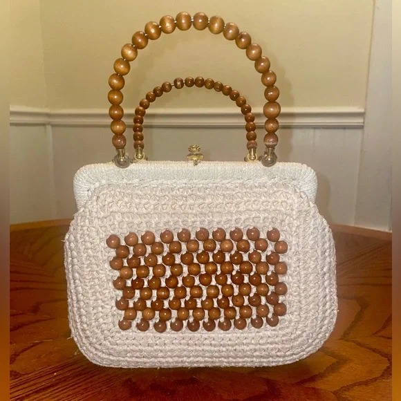 Vintage Italian Woven Rattan Brown Beaded Clutch Mini HandBag Purse Boho - Picture 2 of 10